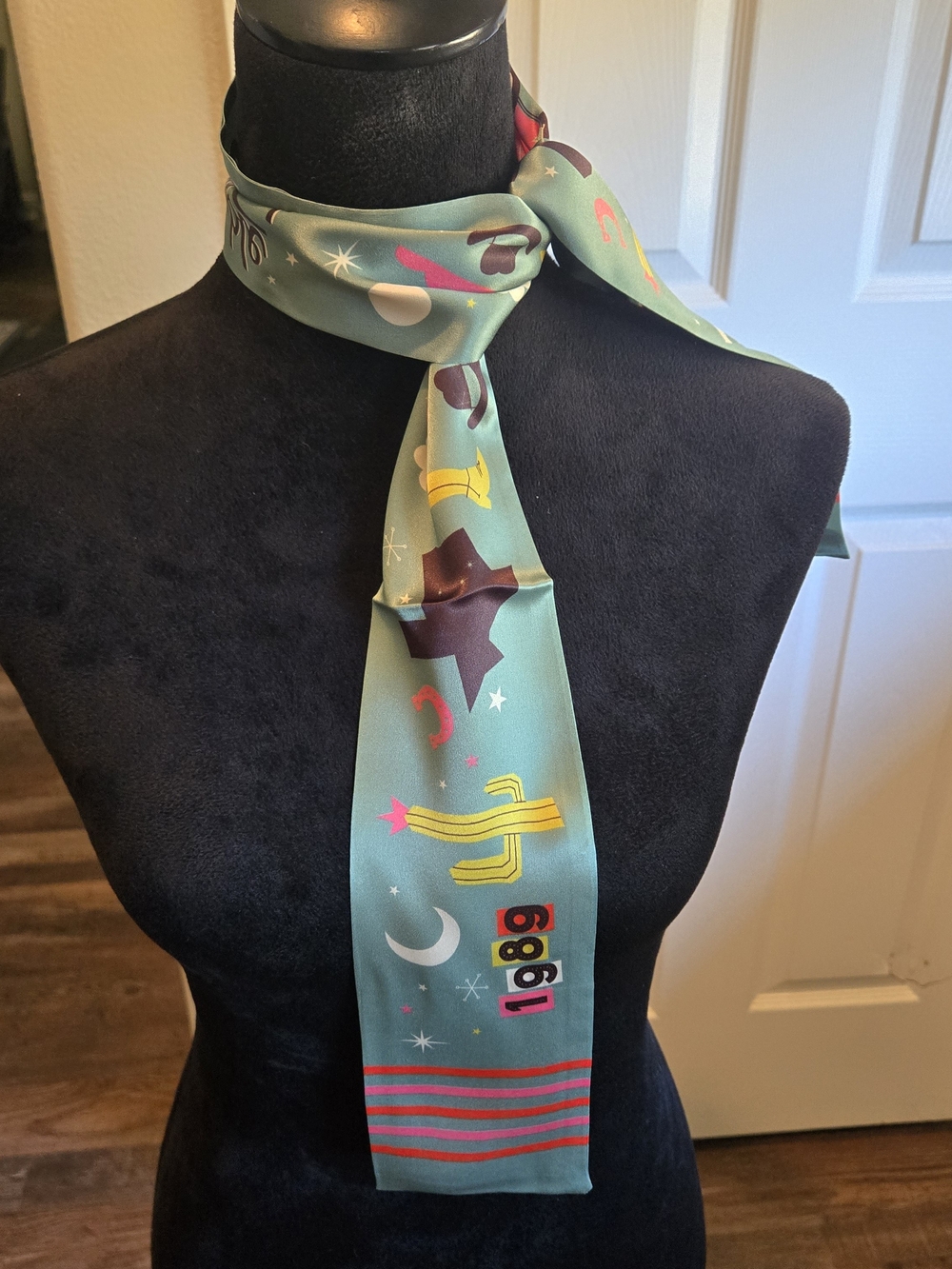 Double D Ranch Mint Western Silk Scarf with Colorful Motifs